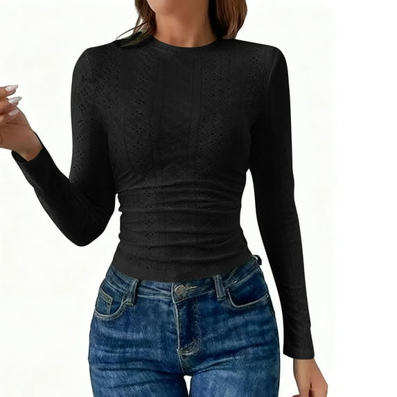 hotojiny Womens Going out Tops Fashion Hollow out Long Sleeve Workout Tops Stretch Ruched Crew Neck Slim Fitted Breathable T-Shirts