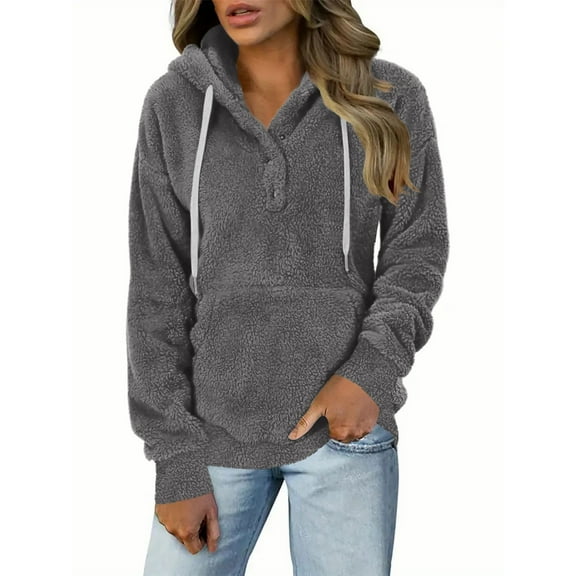 hotojiny Womens Hoodies Soft Cozy Sherpa Lined Pullover Fuzzy Fleece Sweatshirt Casual Button up Outerwear with Pockets Winter Outfit