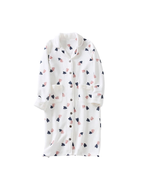 Womens Housecoat Lightweight Fleece Robe Plush Warm Button Down Bathrobe Sleepwear Lounge Nightgown with Pockets
