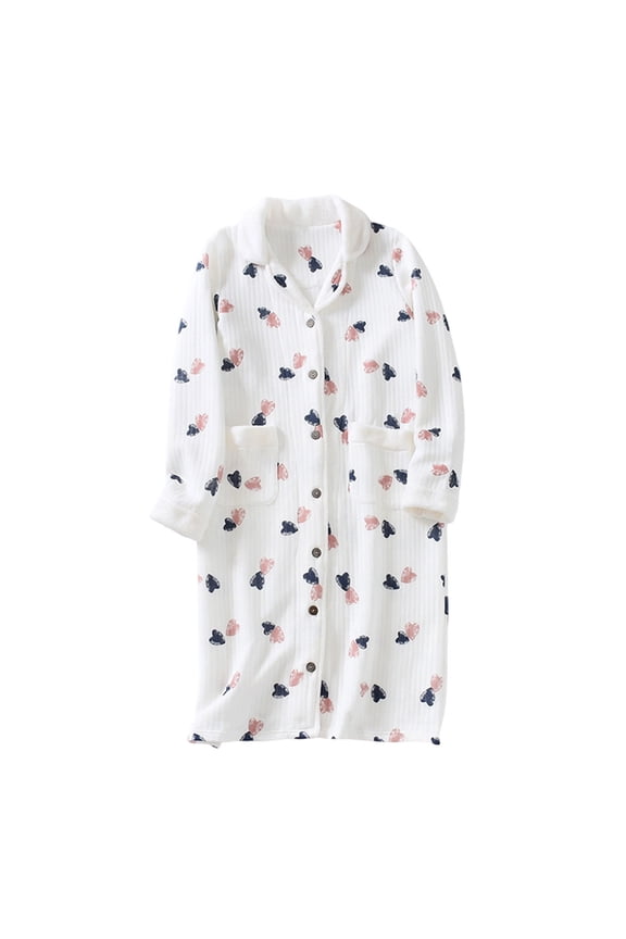 Womens Housecoat Lightweight Fleece Robe Plush Warm Button Down Bathrobe Sleepwear Lounge Nightgown with Pockets