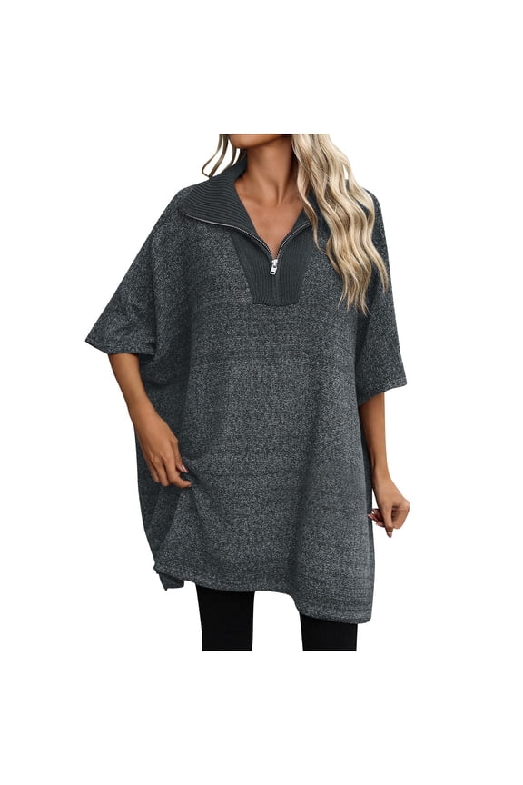 Womens Knit Sweaters Casual 3/4 Sleeve Laple Zip up Lightweight Pullover Sweater Mid Length Tops