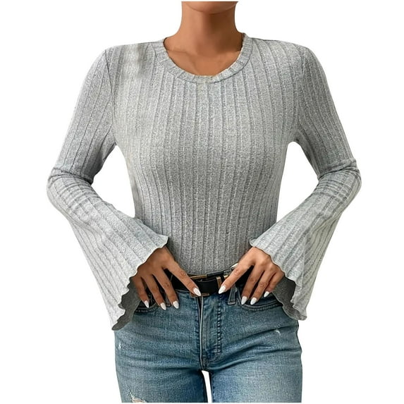 hotojiny Womens Knit Tops Spring Trendy Flared Long Sleeve Ribbed Shirts Casual Crewneck Solid Color Blouse