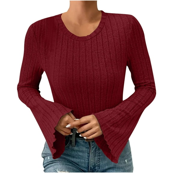hotojiny Womens Knit Tops Spring Trendy Flared Long Sleeve Ribbed Shirts Casual Crewneck Solid Color Blouse