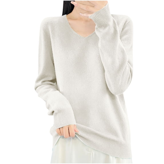 hotojiny Womens Knitted Tops Long Sleeve Casual Comfy Shirts Lounge V Neck Soild Color Soft Blouse Spring Fall Fashion Outfits