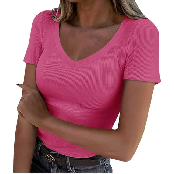 hotojiny Womens Knitted Tops Slim Fashion Short Sleeve Slim Ribbed Shirts Casual Soft V Neck Summer Blouse