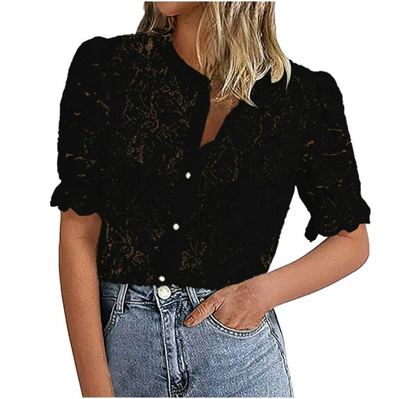 hotojiny Womens Lace Tops 3/4 Length Sleeve Button Down Shirts Casual Lightweight Blouse Spring Summer Fashion Outfits