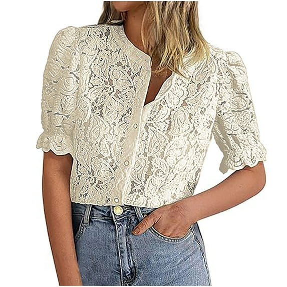 hotojiny Womens Lace Tops 3/4 Length Sleeve Button Down Shirts Casual Lightweight Blouse Spring Summer Fashion Outfits
