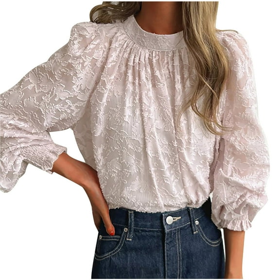 hotojiny Womens Lace Tops Elegant Long Sleeve Mock Neck Baggy Shirts Trendy Spring Summer Lightweight Blouse
