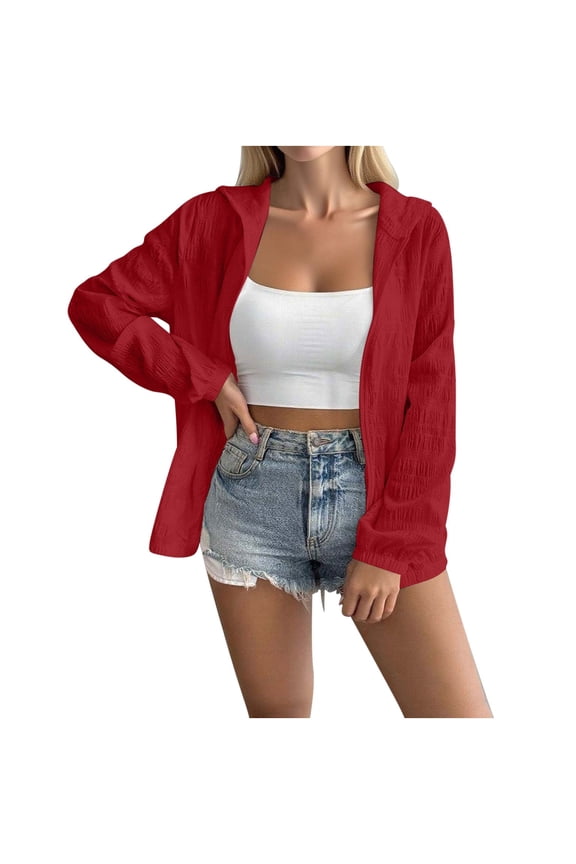 Womens Lightweight Cardigan Summer Casual Plus Size Long Sleeve Tops Comfy Solid Color Full Zip Textured Cardigan