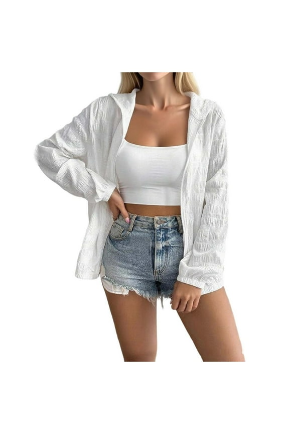 Womens Lightweight Cardigan Summer Casual Plus Size Long Sleeve Tops Comfy Solid Color Full Zip Textured Cardigan