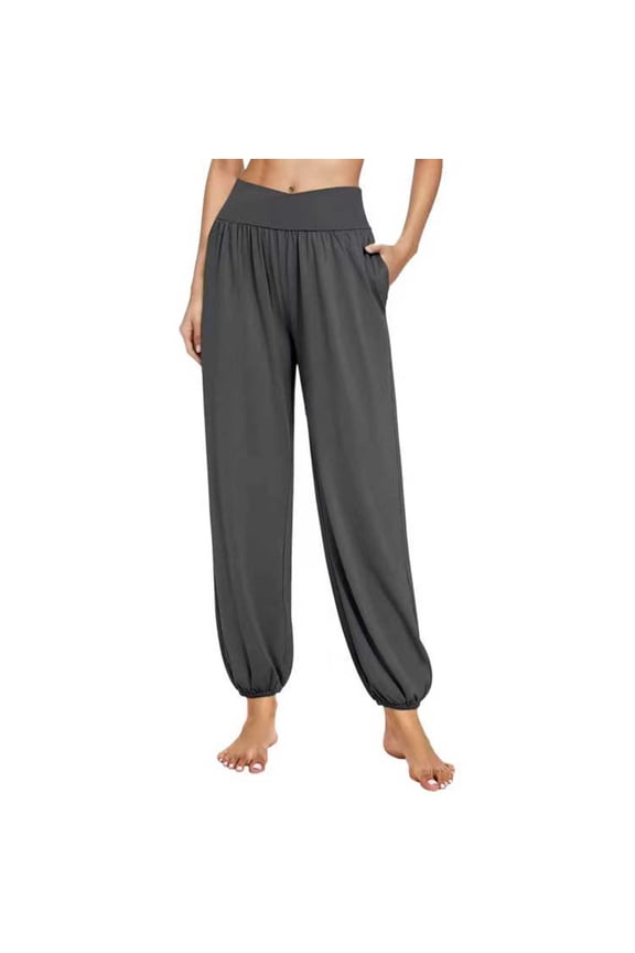 Womens Lightweight Joggers Crossover High Waisted Loose Yoga Pants Solid Workout Sweatpants with Pockets