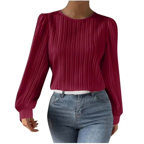 hotojiny Womens Long Sleeve Shirts Crew Neck Pleated Tunic Tops Loose Solid Blouses Fall Work Business Casual Shirts
