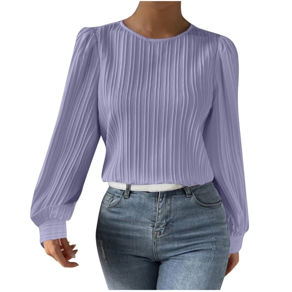 hotojiny Womens Long Sleeve Shirts Crew Neck Pleated Tunic Tops Loose Solid Blouses Fall Work Business Casual Shirts