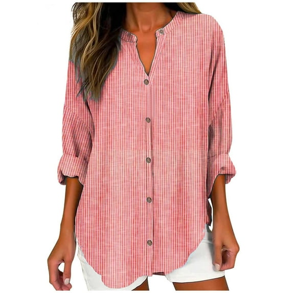 hotojiny Womens Long Sleeve Shirts Oversized V Neck Lightweight Tunic Tops Striped Button down Casual Tee Shirt