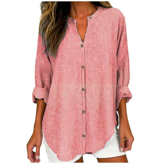 hotojiny Womens Long Sleeve Shirts Oversized V Neck Lightweight Tunic Tops Striped Button down Casual Tee Shirt