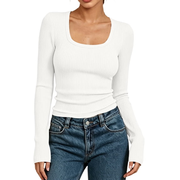 hotojiny Womens Long Sleeve Shirts Square Collar Fitted Going out Tops Stretchy Ruched Base Layer Basic Tight Thermal Undershirt(White,X-Large)