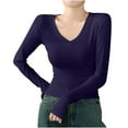 thumbnail image 1 of hotojiny Womens Long Sleeve Shirts Trendy Basic Slim Going Out T Shirts Casual V Neck Spring Fall Solid Color Tops, 1 of 3
