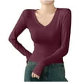 thumbnail image 1 of hotojiny Womens Long Sleeve Shirts Trendy Basic Slim Going Out T Shirts Casual V Neck Spring Fall Solid Color Tops, 1 of 3