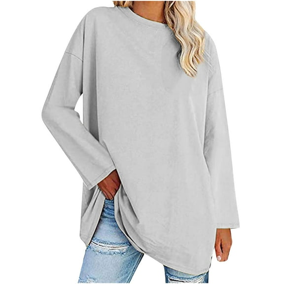 hotojiny Womens Long Sleeve T Shirts Casual Oversized Crewneck Loose Tops Lounge Comfy Lightweight Blouse