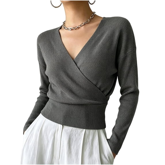 hotojiny Womens Long Sleeve T Shirts Fall Trendy Deep V Neck Slim Fit Basic Tops Casual Going out Warp Shirt(Dark Gray,XX-Large)