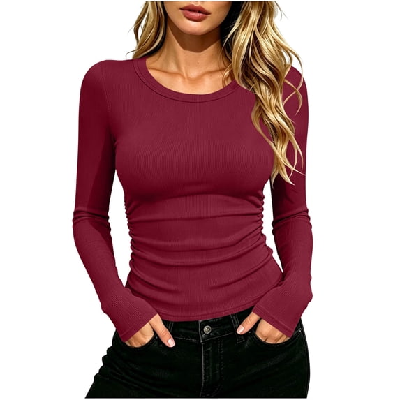 hotojiny Womens Long Sleeve T Shirts Stretchy Crew Neck Ruched Fall Winter Top Soft Slim Fit Basic Tee Going out Outfit(Red,Medium)