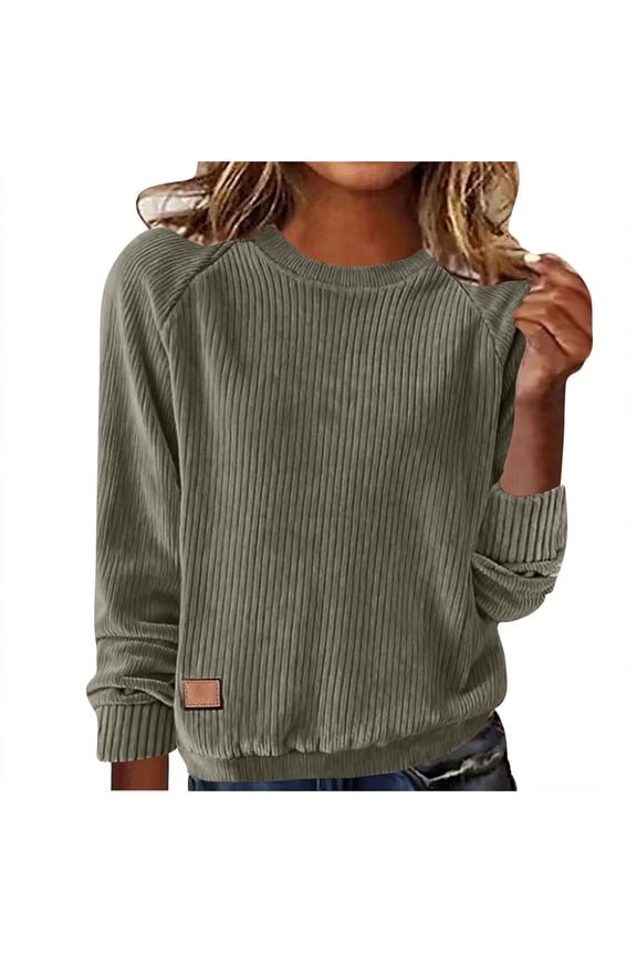 Womens Long Sleeve Tops Corduroy Thermal Spring Tops Fall Fashion Pullover Classic Fit Crew Neck Ribbed Sweatshirt