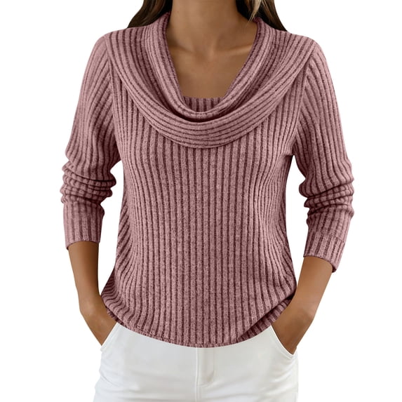 hotojiny Womens Long Sleeve Tops Cowl Neck Ribbed Knit Sweater Loose Fit Solid Color Pullover Lightweight Spring Shirts S-3XL