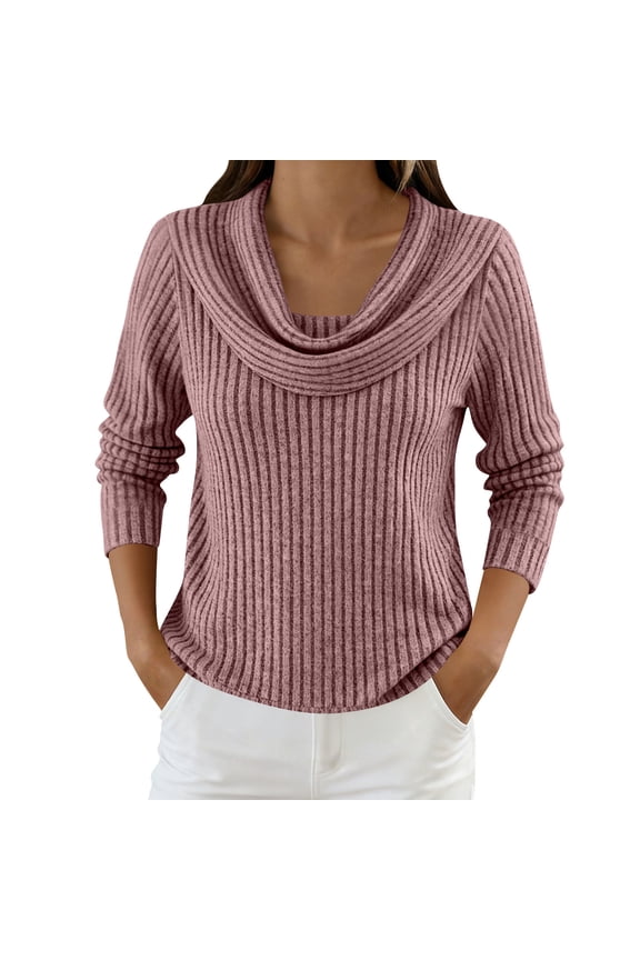 Womens Long Sleeve Tops Cowl Neck Ribbed Knit Sweater Loose Fit Solid Color Pullover Lightweight Spring Shirts S-3XL