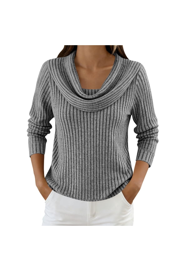 Womens Long Sleeve Tops Cowl Neck Ribbed Knit Sweater Loose Fit Solid Color Pullover Lightweight Spring Shirts S-3XL