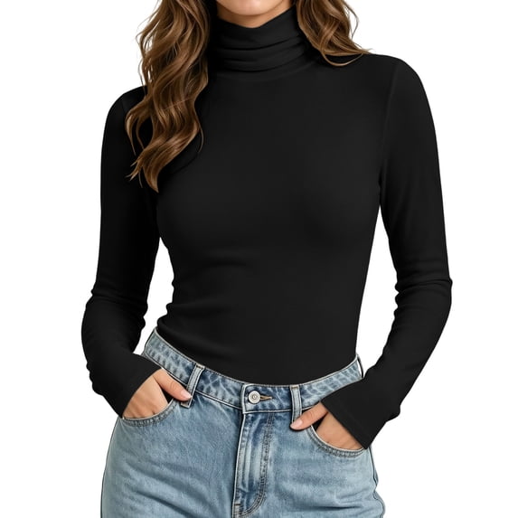 hotojiny Womens Long Sleeve Turtleneck T-Shirts Casual Lightweight Slim Fit Base Layer Top Cozy Basic Tees Undershirts(Black,XX-Large)