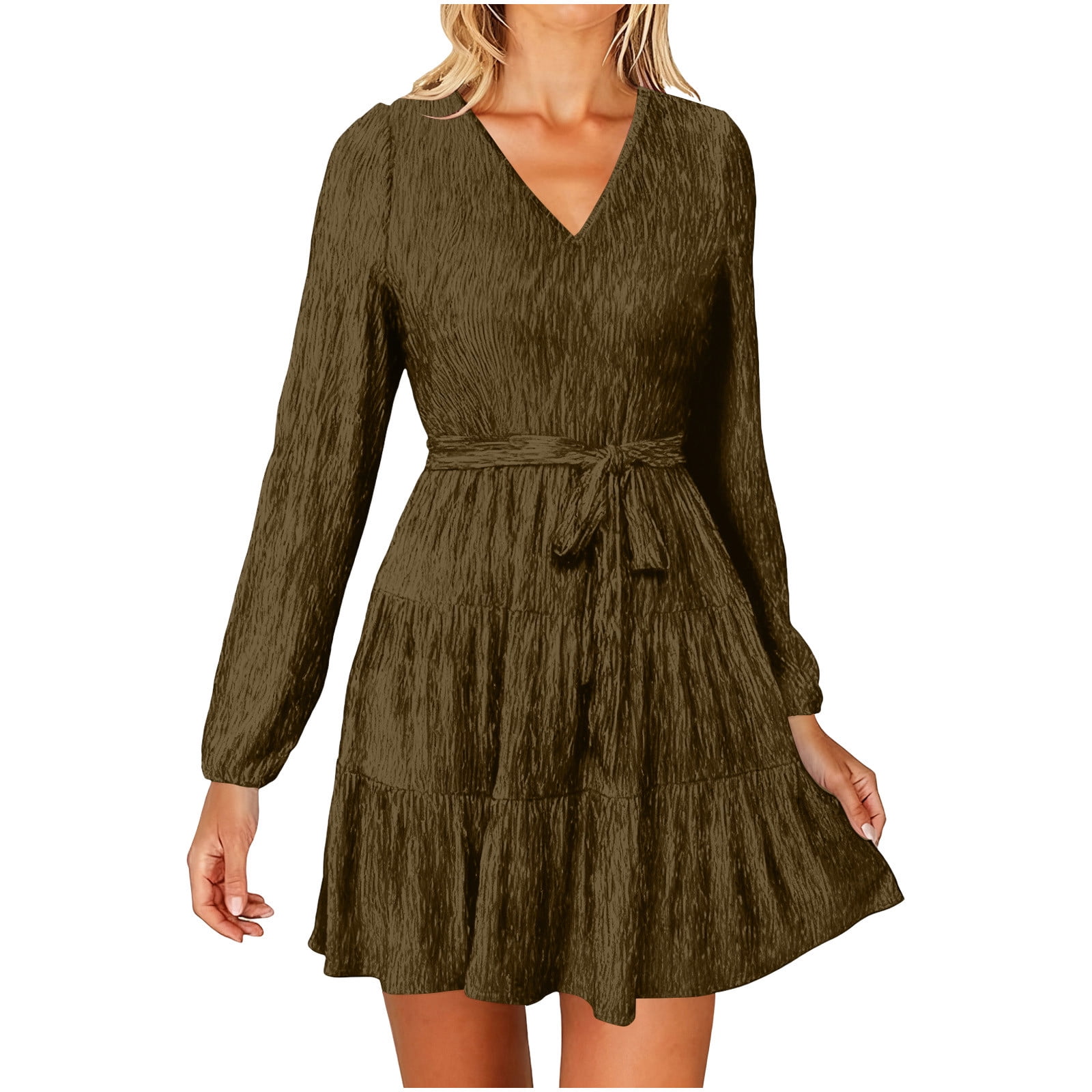 hotojiny Womens Long Sleeve Velvet Dress Fall V Neck A-Line Tie up ...