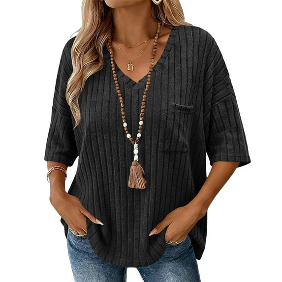 hotojiny Womens Loose Fit Tshirts Pocket Half Sleeve Summer Tops Casual V Neck Ribbed Knit Tunic Tee Shirts Plus Size Spring Clothes