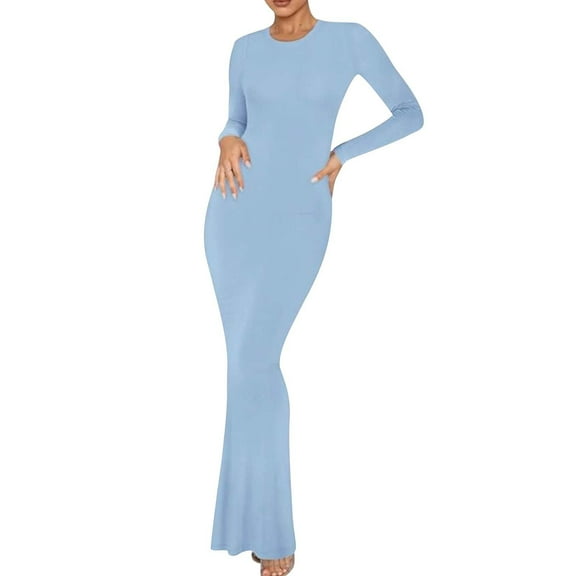 hotojiny Womens Maxi Dresses Slim Long Sleeve Bodycon Dress Casual Elegant Crewneck Club Party Pencil Dresses