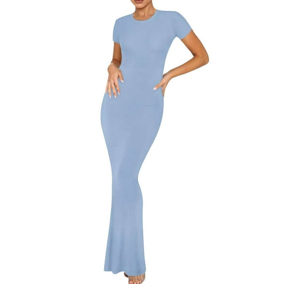 hotojiny Womens Maxi Dresses Slim Long Sleeve Bodycon Dress Casual Elegant Crewneck Club Party Pencil Dresses