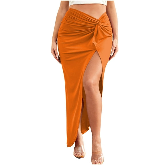 hotojiny Womens Maxi Skirts Trendy High Waist Ruched Long Skirts Casual Side Split Summer Beach Vacation Skirts