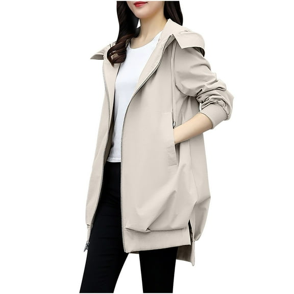 hotojiny Womens Mid Length Hooded Jackets Zip up Fashion Coats Casual Long Sleeve Solid Color Outwear Loose Comfy with Pocket Fall