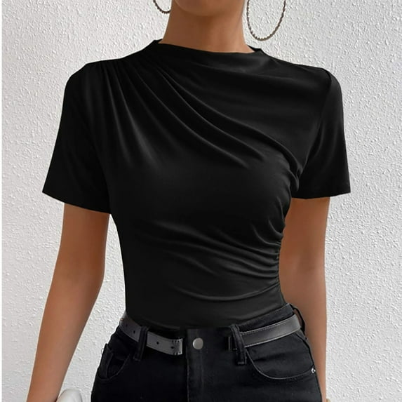 hotojiny Womens Mock Neck Tops Summer Short Sleeve Trendy Ruched Slim Tshirts Casual Comfy Solid Color Blouse