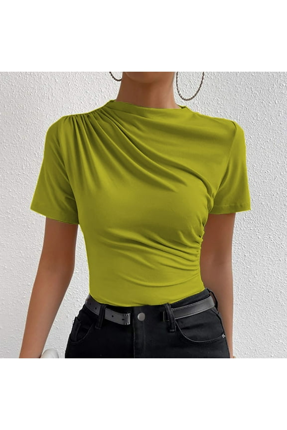 Womens Mock Neck Tops Summer Short Sleeve Trendy Ruched Slim Tshirts Casual Comfy Solid Color Blouse