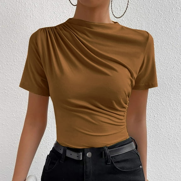 hotojiny Womens Mock Neck Tops Summer Short Sleeve Trendy Ruched Slim Tshirts Casual Comfy Solid Color Blouse