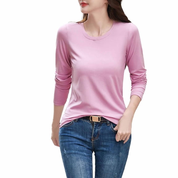 hotojiny Womens Modal Tops Casual Round Neck Long Sleeve Undershirts Solid Color Slim Fall Base Layer