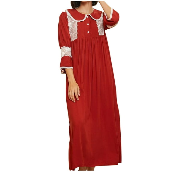 hotojiny Womens Nightgown 3/4 Sleeve Button Down Sleepwear Loose Lace Pajama Dress Vintage Long Loungewear
