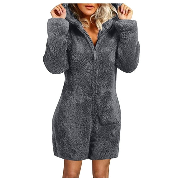 hotojiny Womens Onesies Pajamas Fall Winter Cute One Piece Hooded Adult Pjs Jumpsuit Classic Fitted Zipper Housecoat Fuzzy Sleepwear