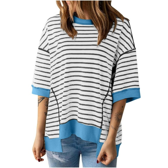 hotojiny Womens Oversized Striped Tshirts Trendy Asymmetry Hem Half Sleeve Tops Summer Casual Round Neck Tee Shirts