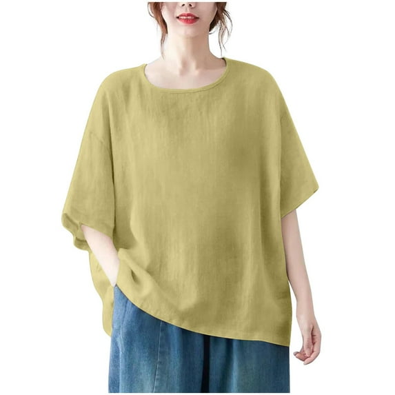 hotojiny Womens Oversized Summer T Shirts Short Sleeve Fashion Casual Beach Vacation Clothes Plus Size Tee Cotton Linen Tops