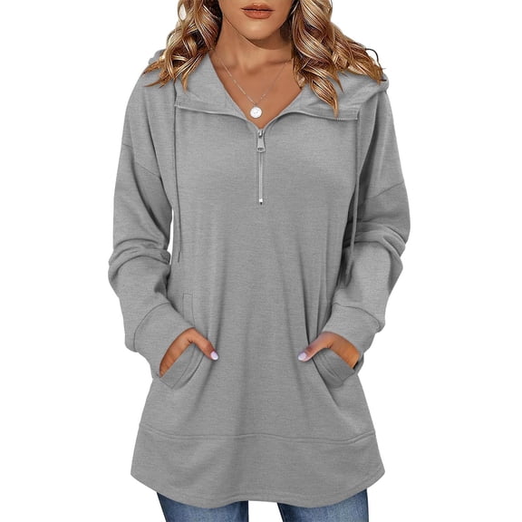 hotojiny Womens Oversized Sweatshirts Lightweight Drawstring Hooded Pullover Fall Long Sleeve Quarter Zip Tops Fall Spring Clothes