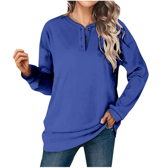 hotojiny Womens Oversized Sweatshirts V Neck Long Sleeve Casual Pullover Tops Fall Solid Button Lightweight Shirts