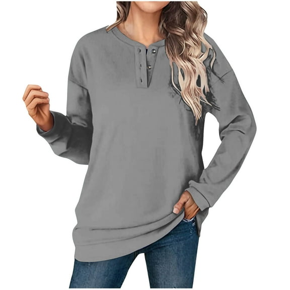 hotojiny Womens Oversized Sweatshirts V Neck Long Sleeve Casual Pullover Tops Fall Solid Button Lightweight Shirts