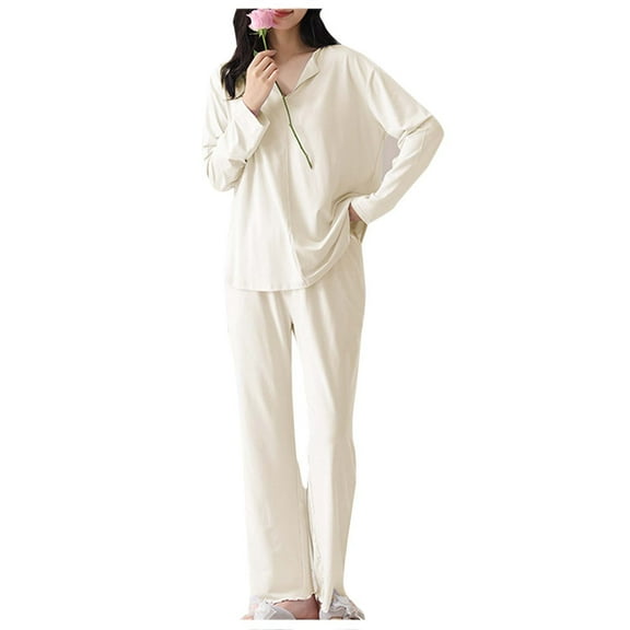 hotojiny Womens Pajama Sets 2 Piece Outfit Classic Fit Solid Sleep Shirt with Pj Pants Long Sleeve Sleepwear Fall Lounge Set