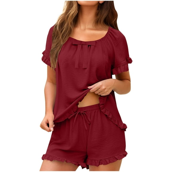 hotojiny Womens Pajama Sets 2 Piece Outfit Cute Ruffle Short Sleeve Sleep Shirt and Drawstring Pj Bottoms Soft Summer Loungewear