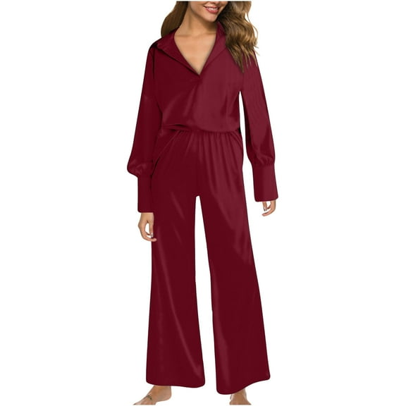 hotojiny Womens Pajama Sets Long Sleeve Lapel V Neck Tops and Long Pants Set Sleepwear Casual Loose Loungewear